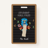 Cute Blue Owl Teacher Vertical Hall Pass Badge (Voorkant)