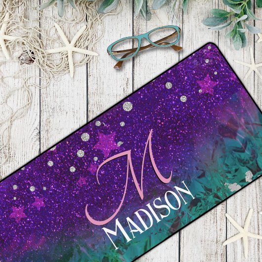 Cute blue paars ombre glitter monogram bureaumat