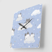 Cute Blue Pattern Kitten Cloud Vierkante Klok (Hoek)