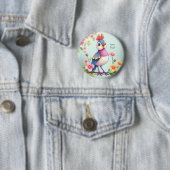 Cute Blue Pink Bird Floral Button (In situ)
