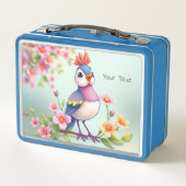 Cute Blue Pink Bird Floral Metal Lunch Box (Dos)