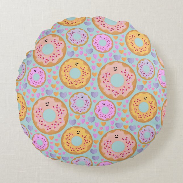 Cute Blue Pink Pastel Donuts & Hearts Rond Kussen (Voorkant)