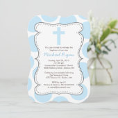 Cute Blue Polka Dots Cross Baptisme Invitation Kaart (Staand voorkant)