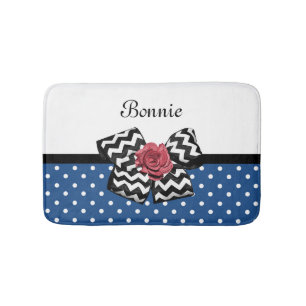Cute Blue Polka Dots Red Rose Chevron Bow and Name Badmat