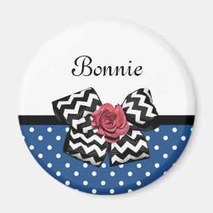 Cute Blue Polka Dots Red Rose Chevron Bow and Name Magneet