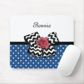Cute Blue Polka Dots Red Rose Chevron Bow and Name Muismat (Met muis)