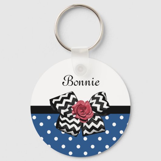 Cute Blue Polka Dots Red Rose Chevron Bow and Name Sleutelhanger (Voorkant)