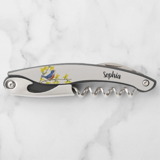 Cute Blue Red Singing Bird Branch Yellow Flowers Kurkentrekker (Voorkant)