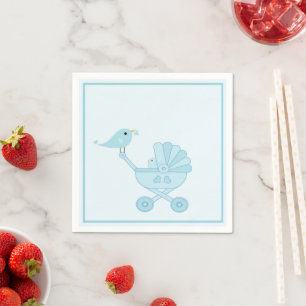 Cute Blue Retro Bird Baby Carriage Boy Baby shower Servet