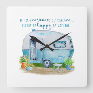 Cute Blue Retro Camper Caravan Vierkante Klok