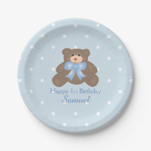 Cute Blue Ribbon Teddy Bear Boy Birthday Party Papieren Bordje
