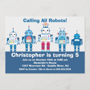 Cute Blue Robot Birthday Party Invitation Kaart