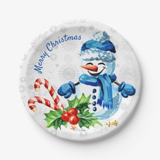 Cute Blue Snowman "Merry Kerstmis" Bord (Voorkant)
