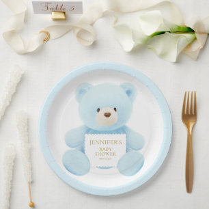 Cute Blue Teddy Bear Baby shower Papieren Bordje