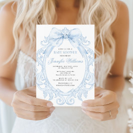 Cute Blue Toile Frame Bow Baby Boy Shower Kaart