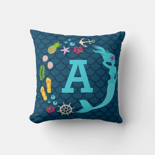 Cute Blue Tropical Mermaid Monogram Girls Kussen (Voorkant)