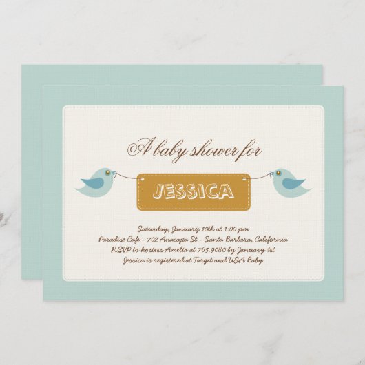 Cute Blue Twitters Baby shower Invitation Kaart (Voorkant / Achterkant)