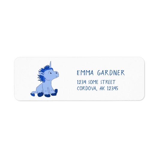 Cute Blue Unicorn Kinder Address Etiket (Voorkant)