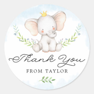 Cute Blue Waterverf Baby Elephant Bedankt Ronde Sticker