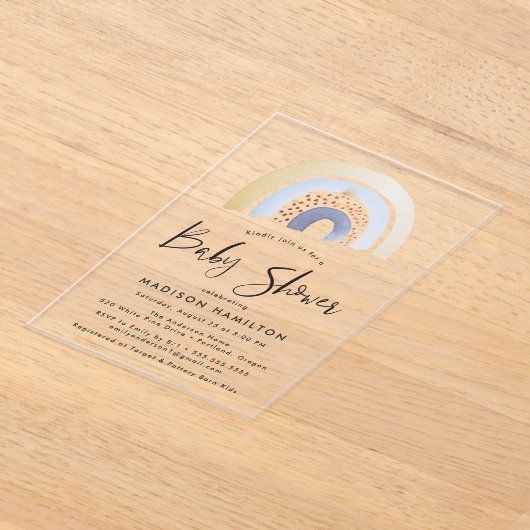 Cute Blue Waterverf Rainbow Baby shower Acryl Uitnodigingen (Laagn)