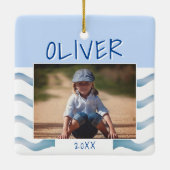 Cute Blue Waves Boy Foto Kinder kersttasje Keramisch Ornament (Achterkant)