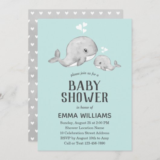 Cute Blue Whale Baby shower Invitation - Garçon (Devant / Derrière)
