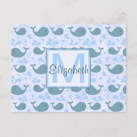 Cute Blue Whales Pattern Monogram Briefkaart (Voorkant)