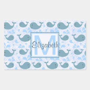 Cute Blue Whales Pattern Monogram Rechthoekige Sticker