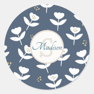 Cute Blue & White Floral Monogram Name Ronde Sticker