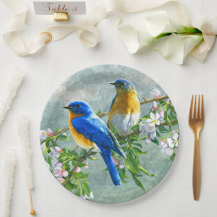 Cute Blue Yellow Birds Cherry Blossom Waterverf Papieren Bordje