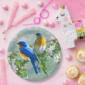 Cute Blue Yellow Birds Cherry Blossom Waterverf Papieren Bordje (Feest)
