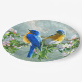 Cute Blue Yellow Birds Cherry Blossom Waterverf Papieren Bordje (Gekanteld)