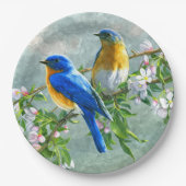 Cute Blue Yellow Birds Cherry Blossom Waterverf Papieren Bordje (Voorkant)