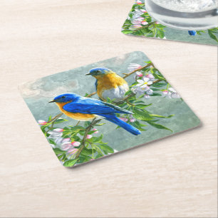 Cute Blue Yellow Birds Cherry Blossom Waterverf Vierkante Kartonnen Onderzetter