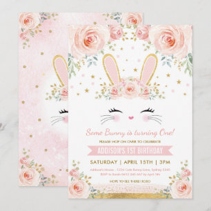 Cute Blush Floral Bunny Rabbit Birthday Party Kaart