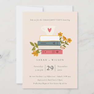 Cute Blush Gestapelde boeken Floral Verloving Invi Bedankkaart