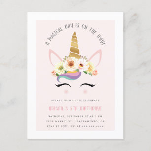 Cute Blush Magical Unicorn Birthday Party Uitnodiging Briefkaart