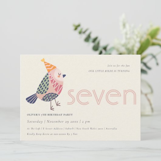 Cute Blush Pink Birdie 7 jaar of ouder Uitnodiging (Staand voorkant)