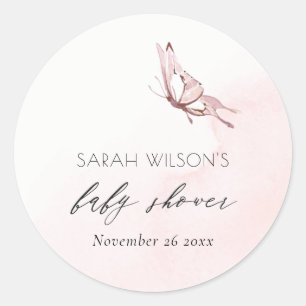 Cute Blush Pink Waterverf Butterfly Baby shower Ronde Sticker