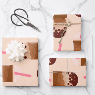 Cute Boba Bubble Tea Art Brown Pink Blush Inpakpapier Vel