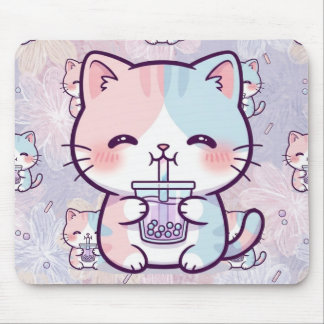 Cute Boba Tea Kitten Mousepad - Aesthetic Pastel F Muismat