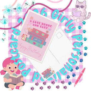 Cute Boeken & Katten Meisjesachtige Roze Vakantiek Feestdagenkaart