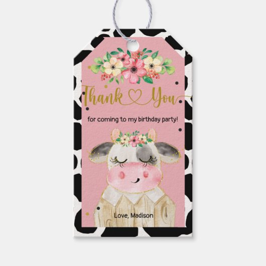 Cute Boerderij Koe Floral Gift Label Cadeaulabel (Voorkant)