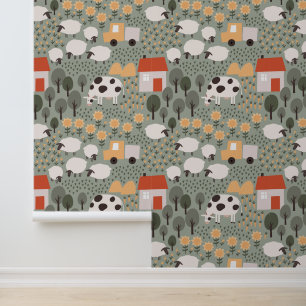 Cute Boerderij Scene Pattern Behang