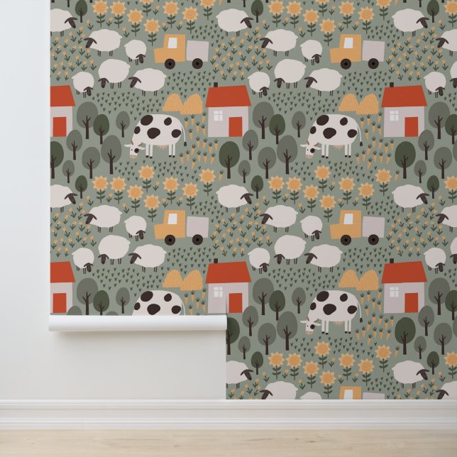Cute Boerderij Scene Pattern Behang (Applicatie)