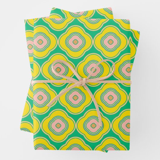 Cute Boho 70s Retro Shapes Pattern Green Yellow Inpakpapier Vel (In situ)