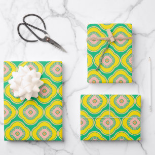 Cute Boho 70s Retro Shapes Pattern Green Yellow  Inpakpapier Vel