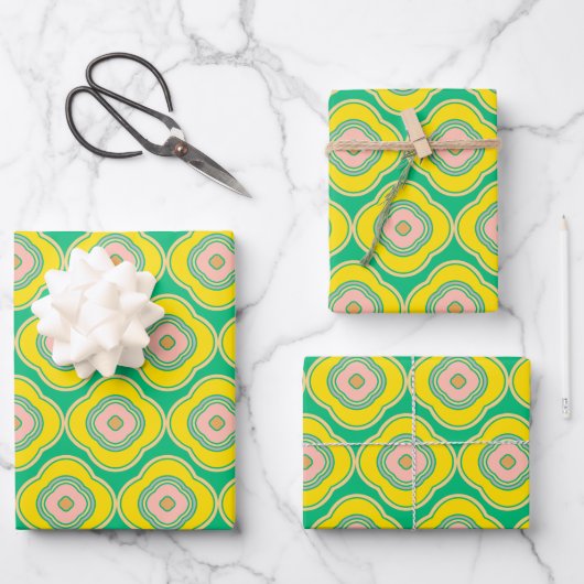 Cute Boho 70s Retro Shapes Pattern Green Yellow Inpakpapier Vel (Voorkant)