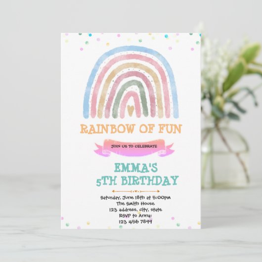 Cute boho arc-en-ciel invitation anniversaire (Debout devant)