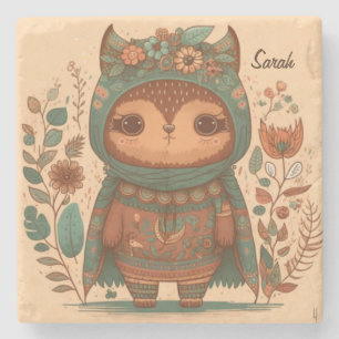 Cute boho floral owl custom stenen onderzetter
